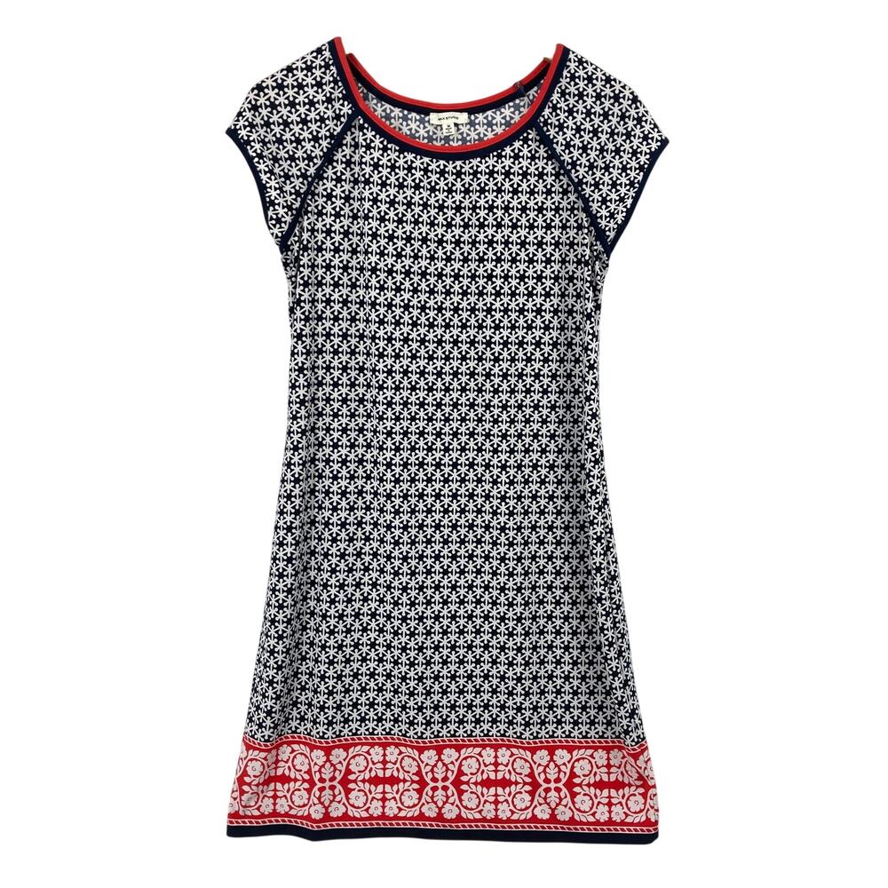 Max Studio Womens M Navy White Red Geometric Shift Dress Short Sleeve Stretch